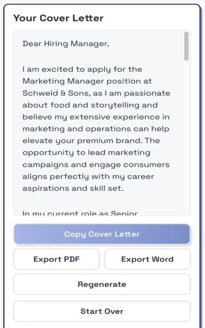 A tailored cover letter generated by ReadyApply, with options to copy, export to PDF or Word, or regenerate.